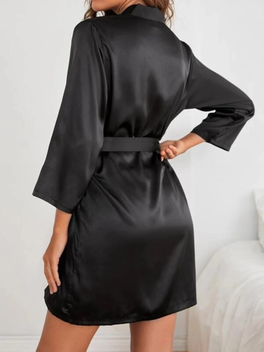Drop Shoulder Contrast Trim Belted Satin Sleep Robe - Image 6