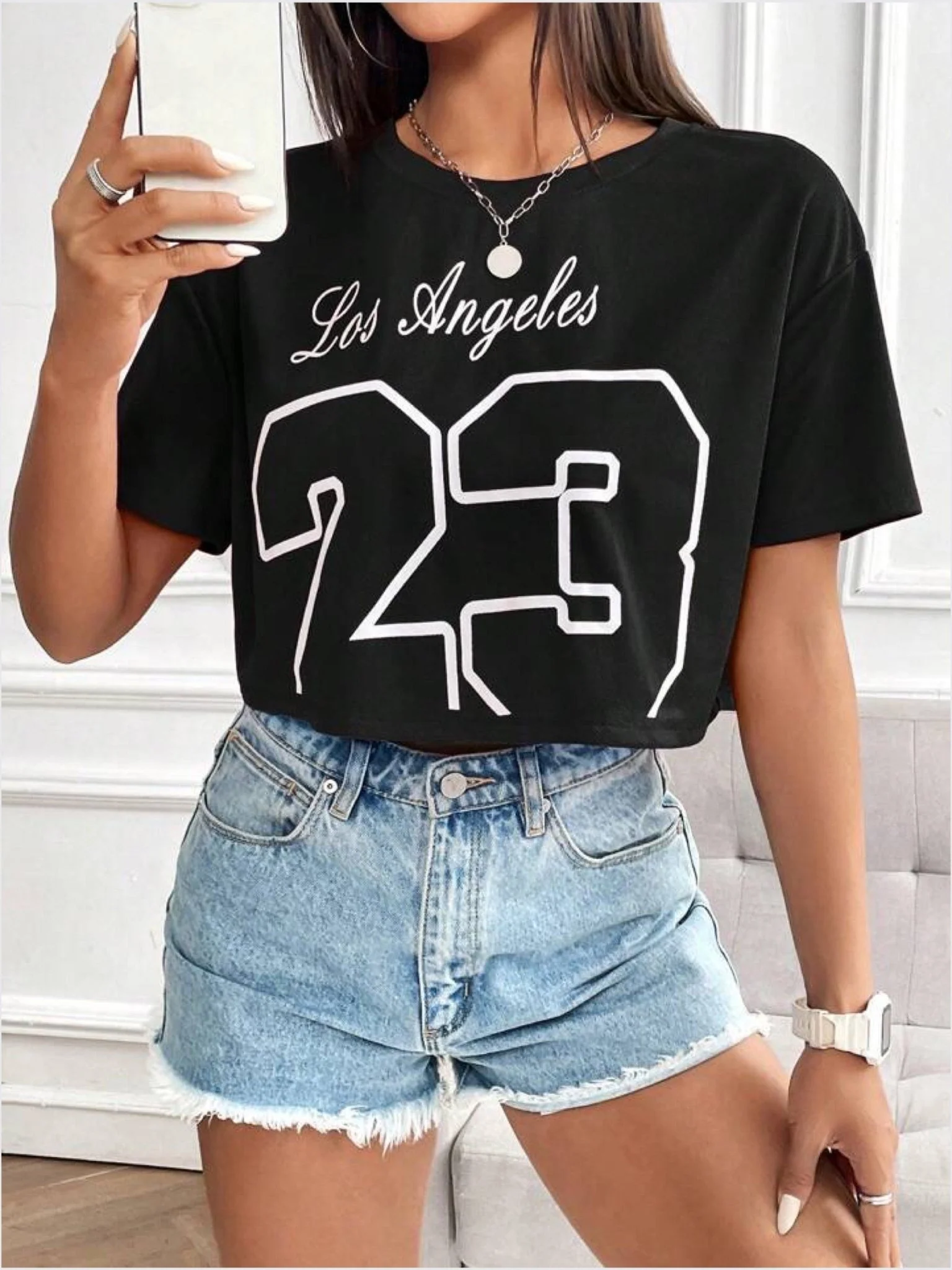 drop shoulder crop tops Los Angeles 23 print