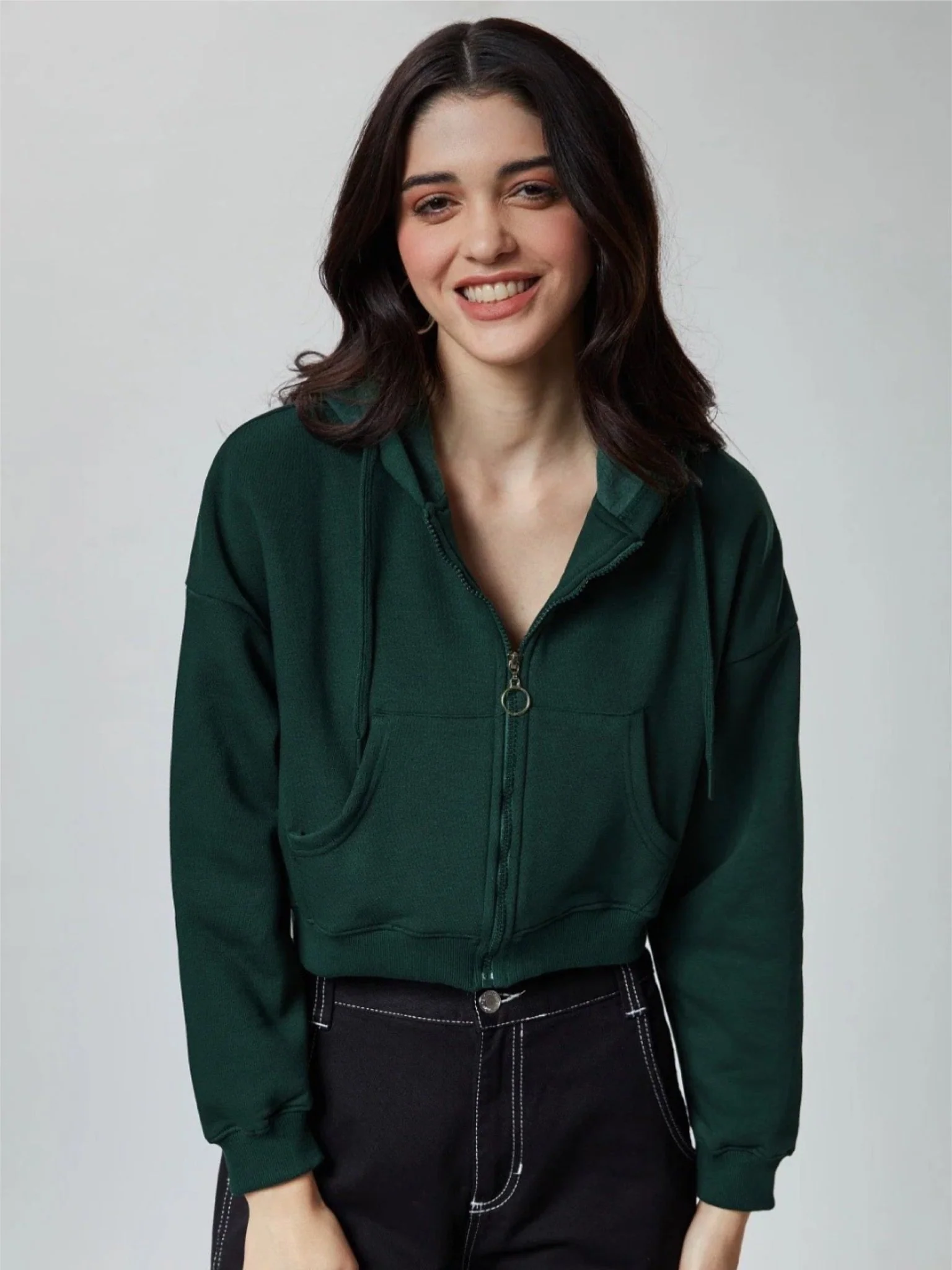 Emerald Green Women Cropped Oversized Hoodies - Image 3
