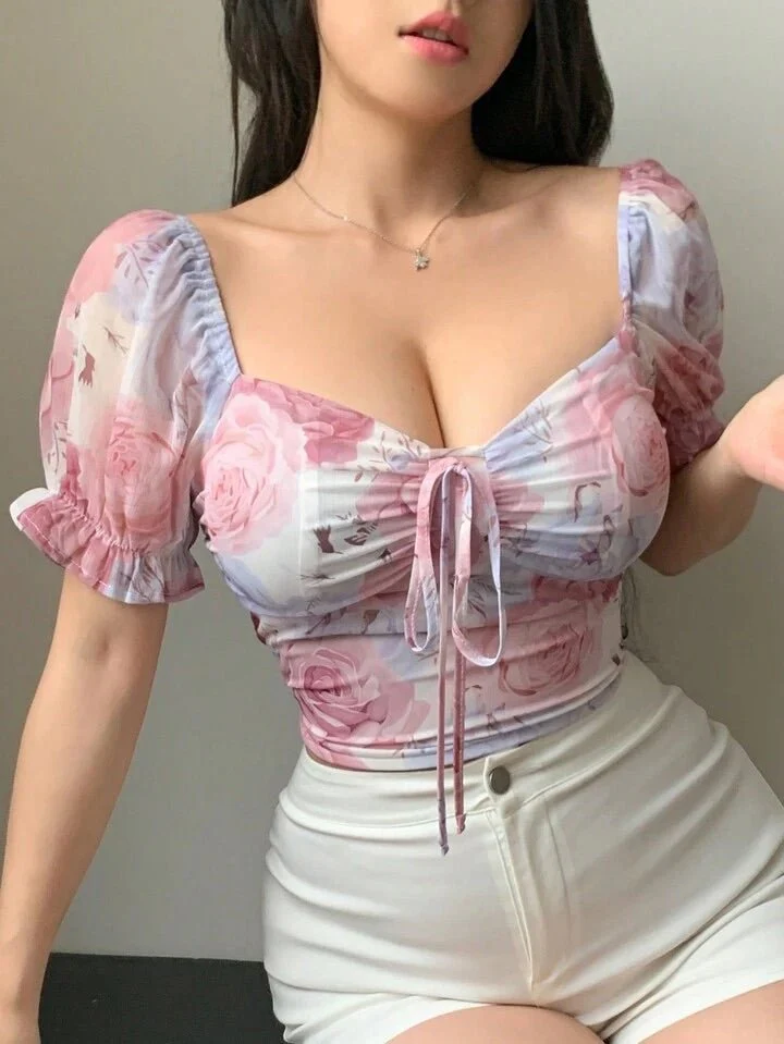 Floral Printed Puff Sleeve Ruched Bust Crop Top