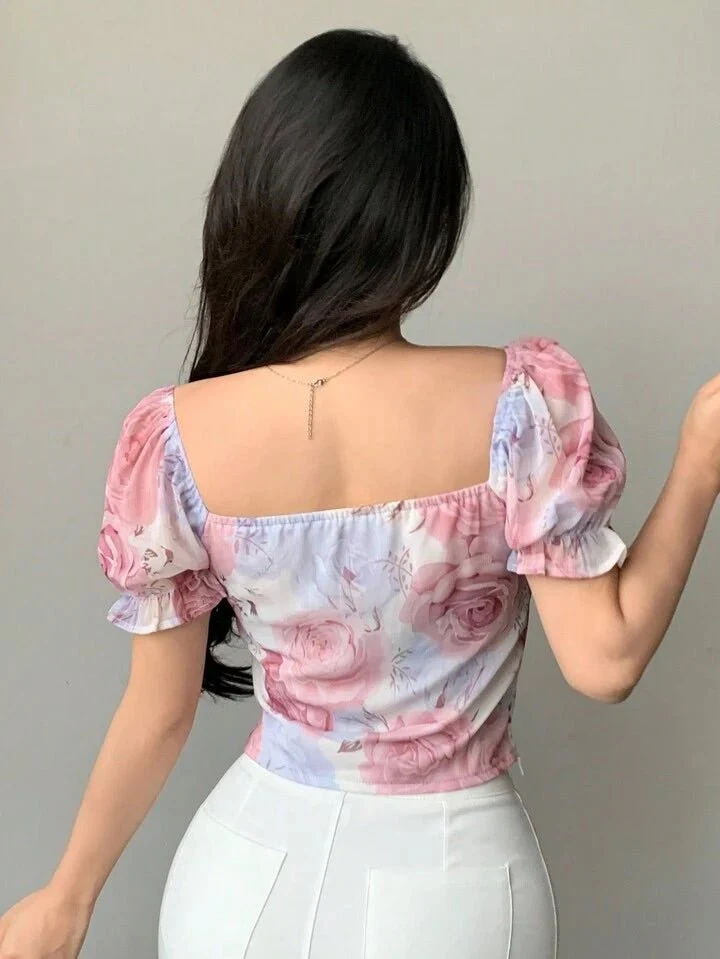 Floral Printed Puff Sleeve Ruched Bust Crop Top - Image 3