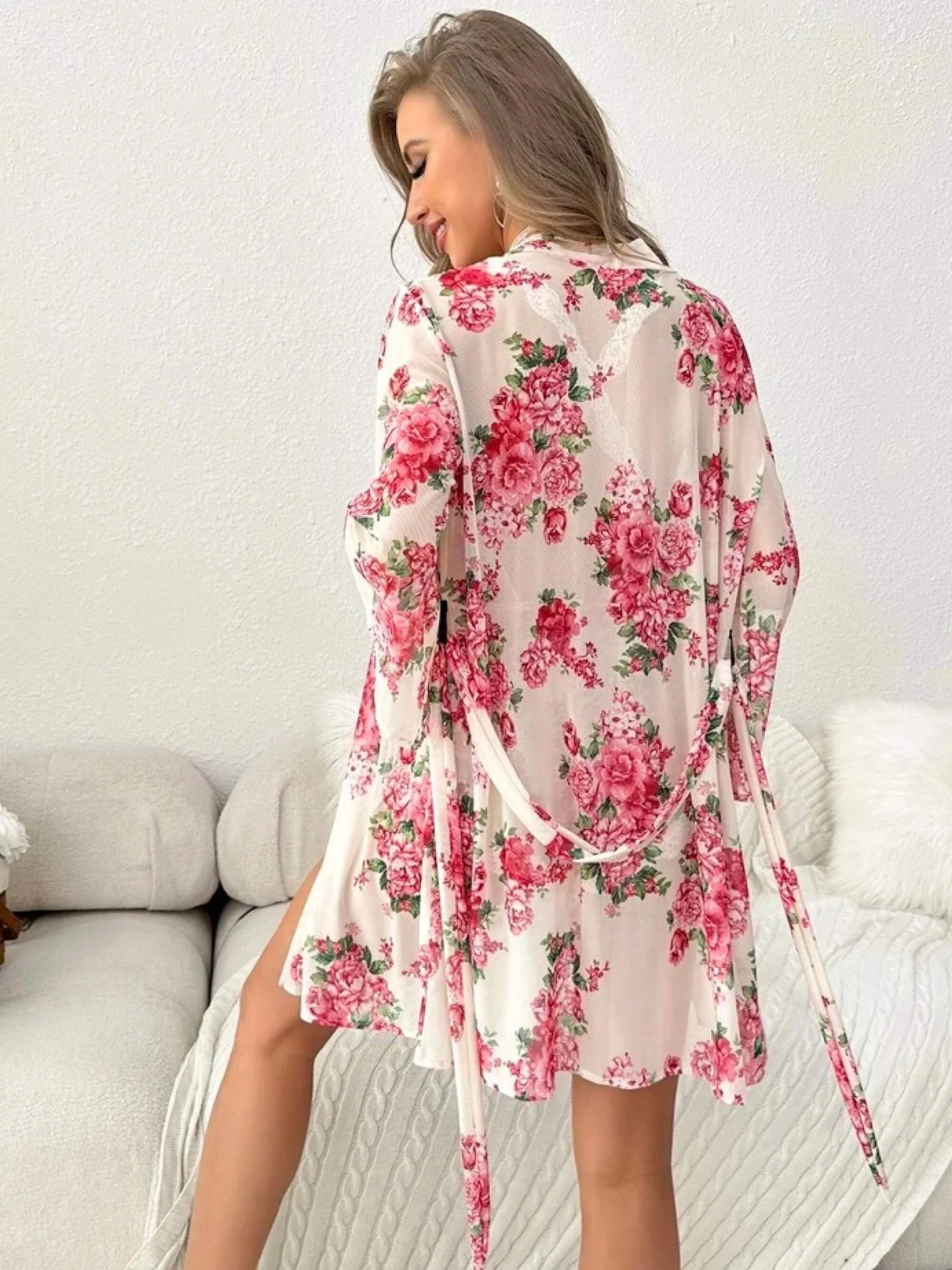Floral Trim Belted Satin Robe Night Dress - Image 2