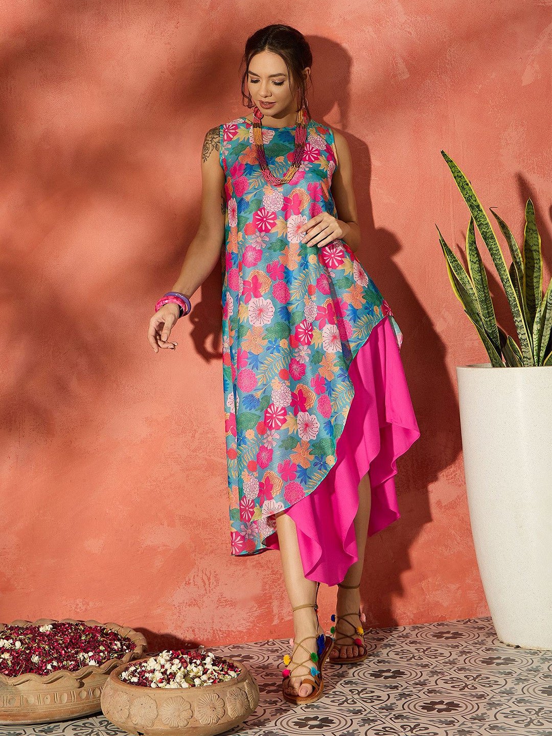 Floral Asymmetric Layered Dress for Women