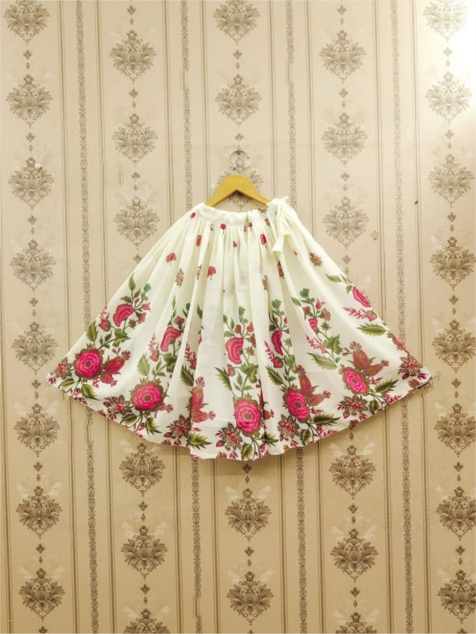 Girls Ivory Silk Floral Lehenga Choli - Pink Botanical Garden Print Set - Image 3