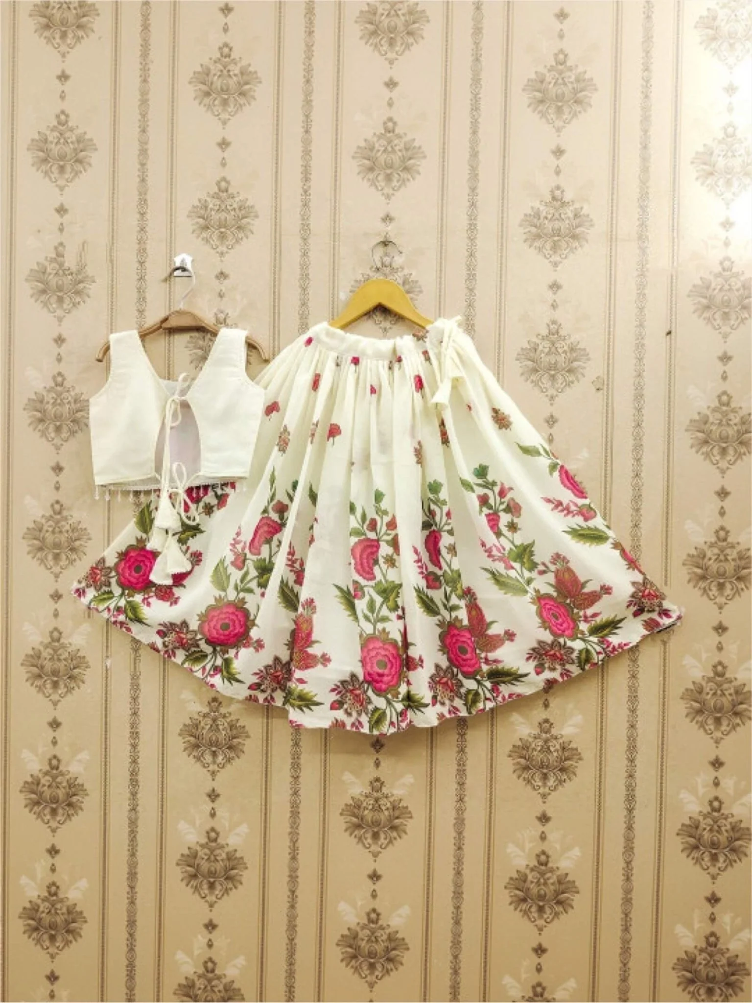 Girls Ivory Silk Floral Lehenga Choli - Pink Botanical Garden Print Set - Image 4