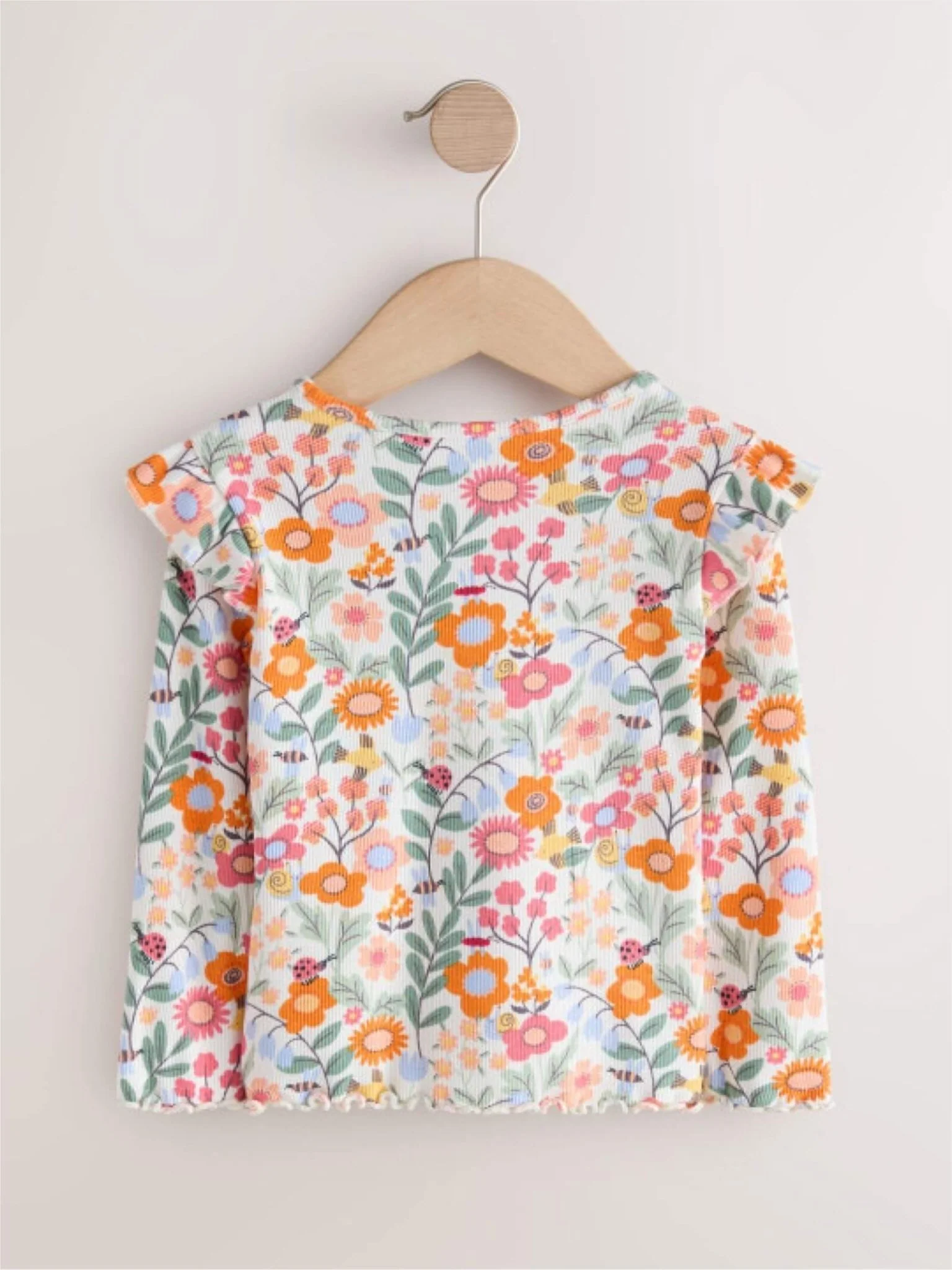 Girls Meadow Garden Floral Top with Ruffle Sleeves & Lettuce Edge