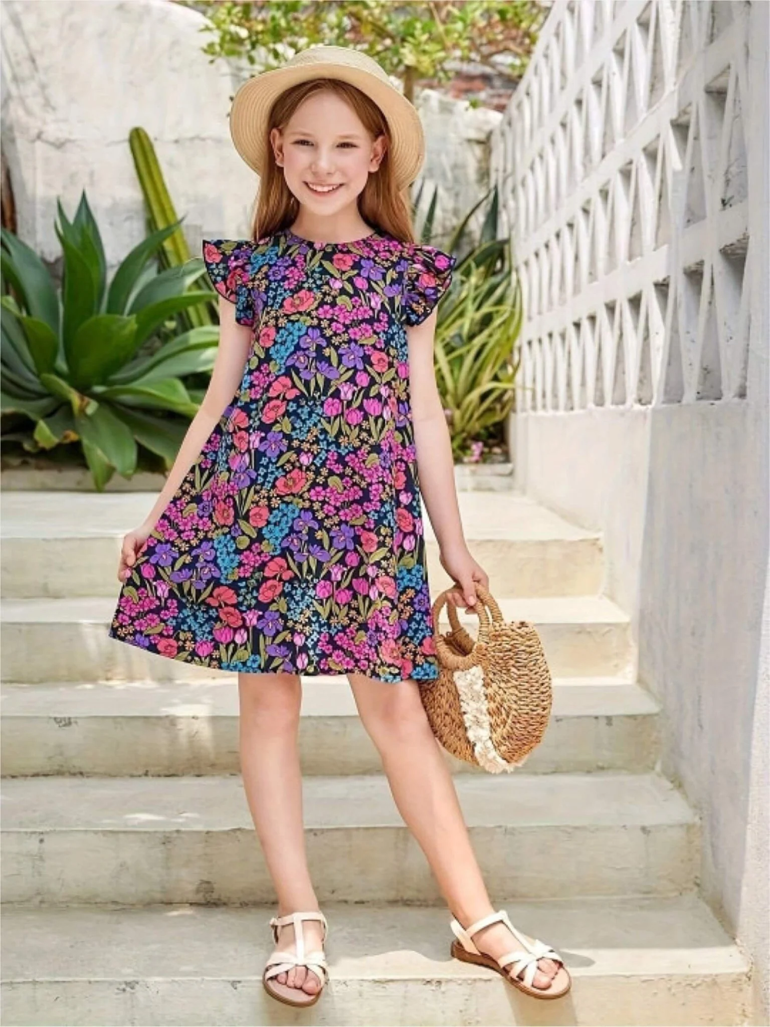 Girls Navy Vibrant Floral Flutter Sleeve A-Line Dress with Back Zipper
