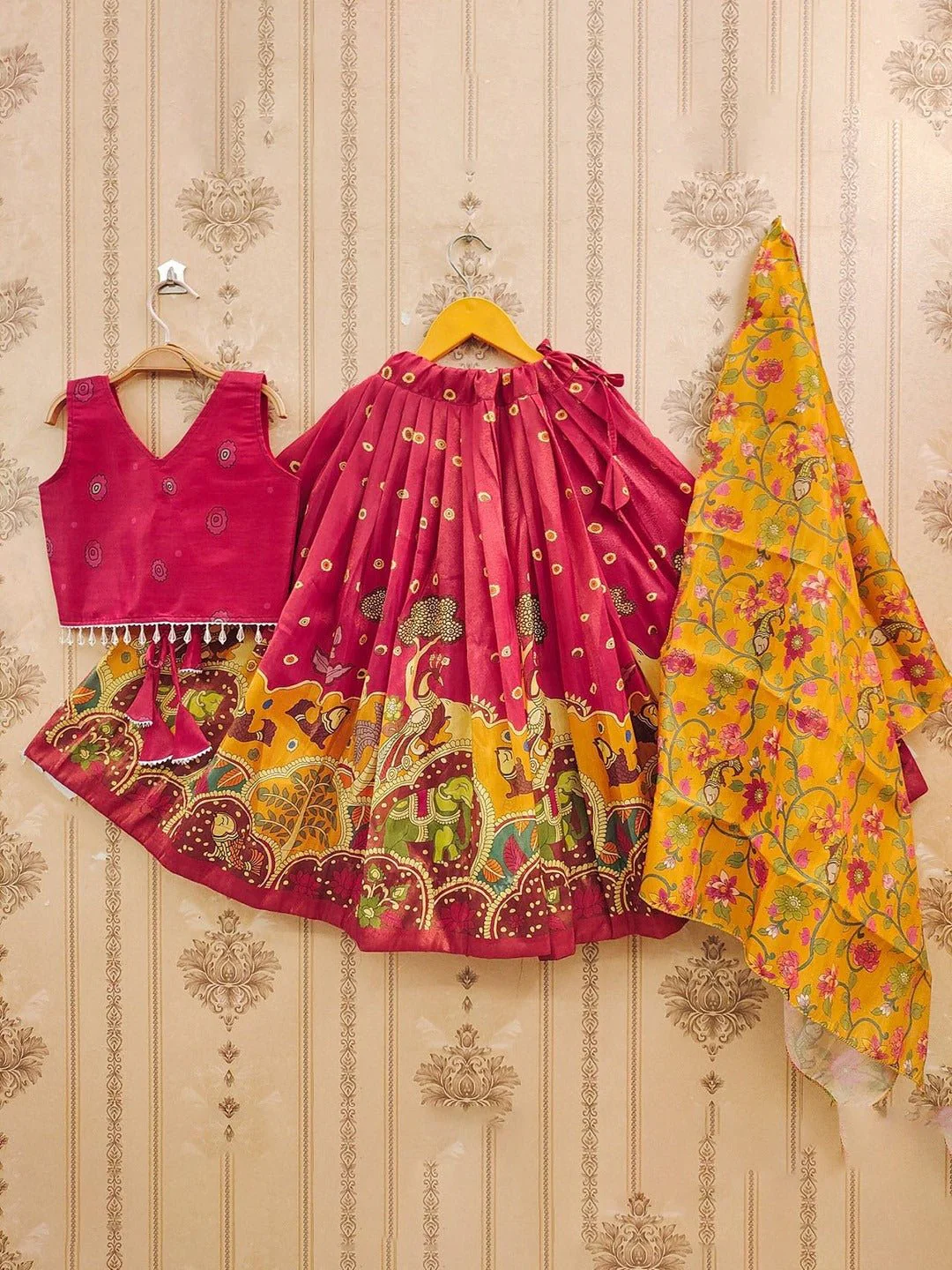 Girls Pink Silk Kalamkari Lehenga Choli Traditional Elephant Print 3 Pis