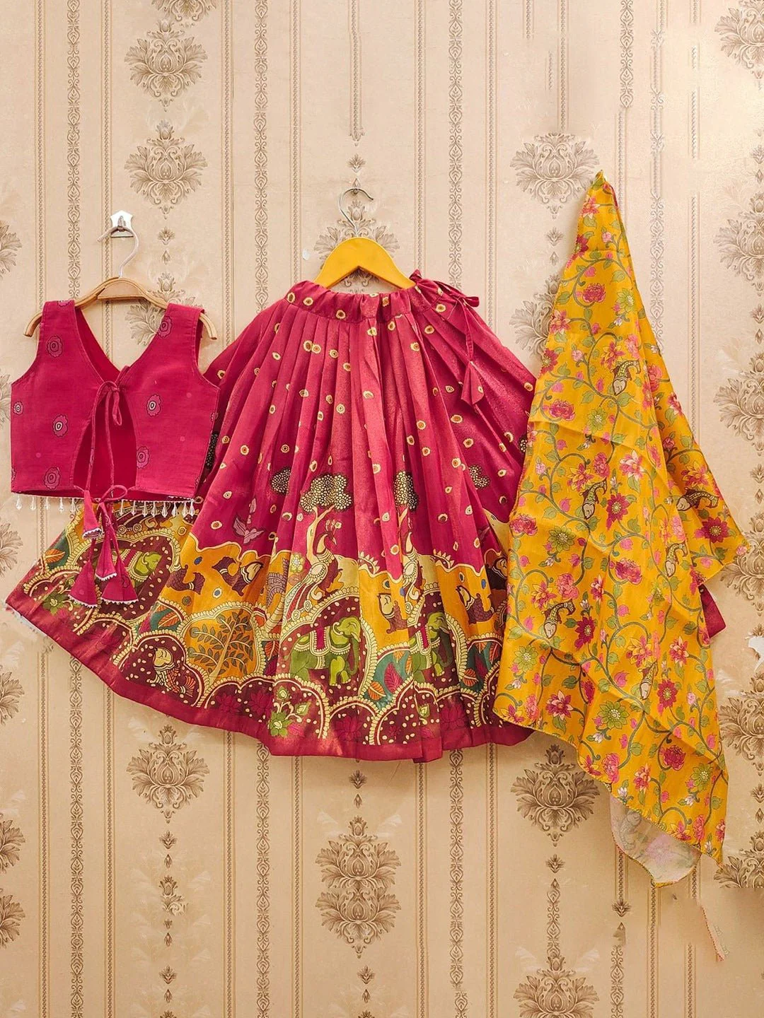 Girls Pink Silk Kalamkari Lehenga Choli Traditional Elephant Print 3 Pis - Image 2