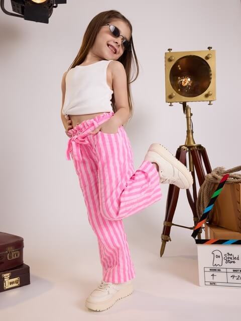 Girls Pink Striped Paperbag Pants - High-Waist Tie-Belt Summer Trousers