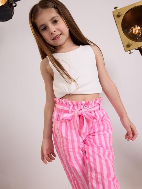 Girls Pink Striped Paperbag Pants - High-Waist Tie-Belt Summer Trousers - Image 2