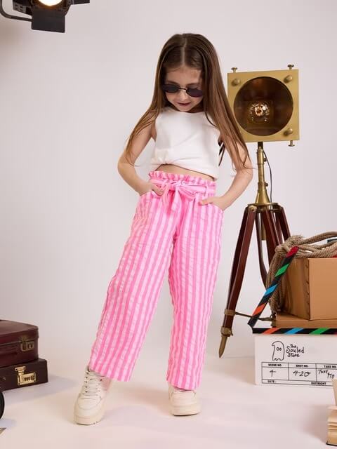 Girls Pink Striped Paperbag Pants - High-Waist Tie-Belt Summer Trousers - Image 3