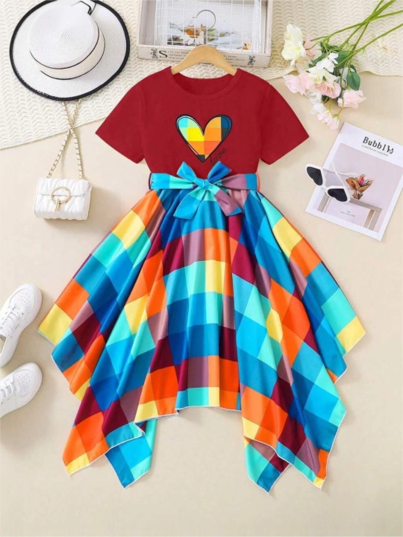 Girls Red Heart Graphic Tee & Rainbow Checkered Handkerchief Hem Dress