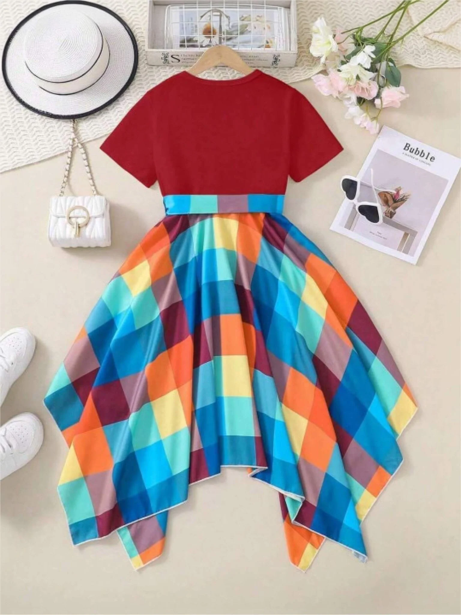 Girls Red Heart Graphic Tee & Rainbow Checkered Handkerchief Hem Dress - Image 2