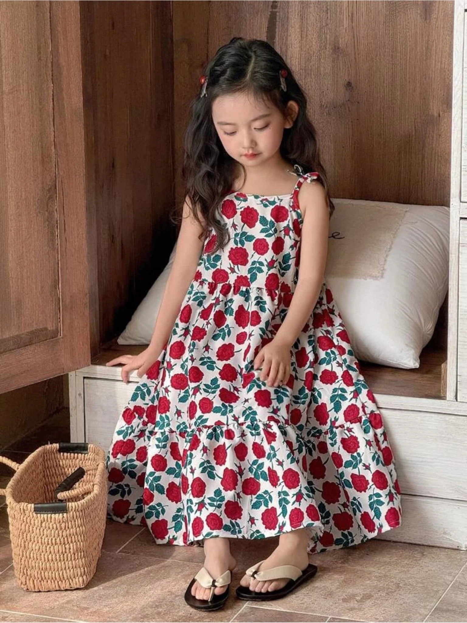 Girls Red Rose Floral Print Tiered Maxi Dress with Adjustable Tie Straps