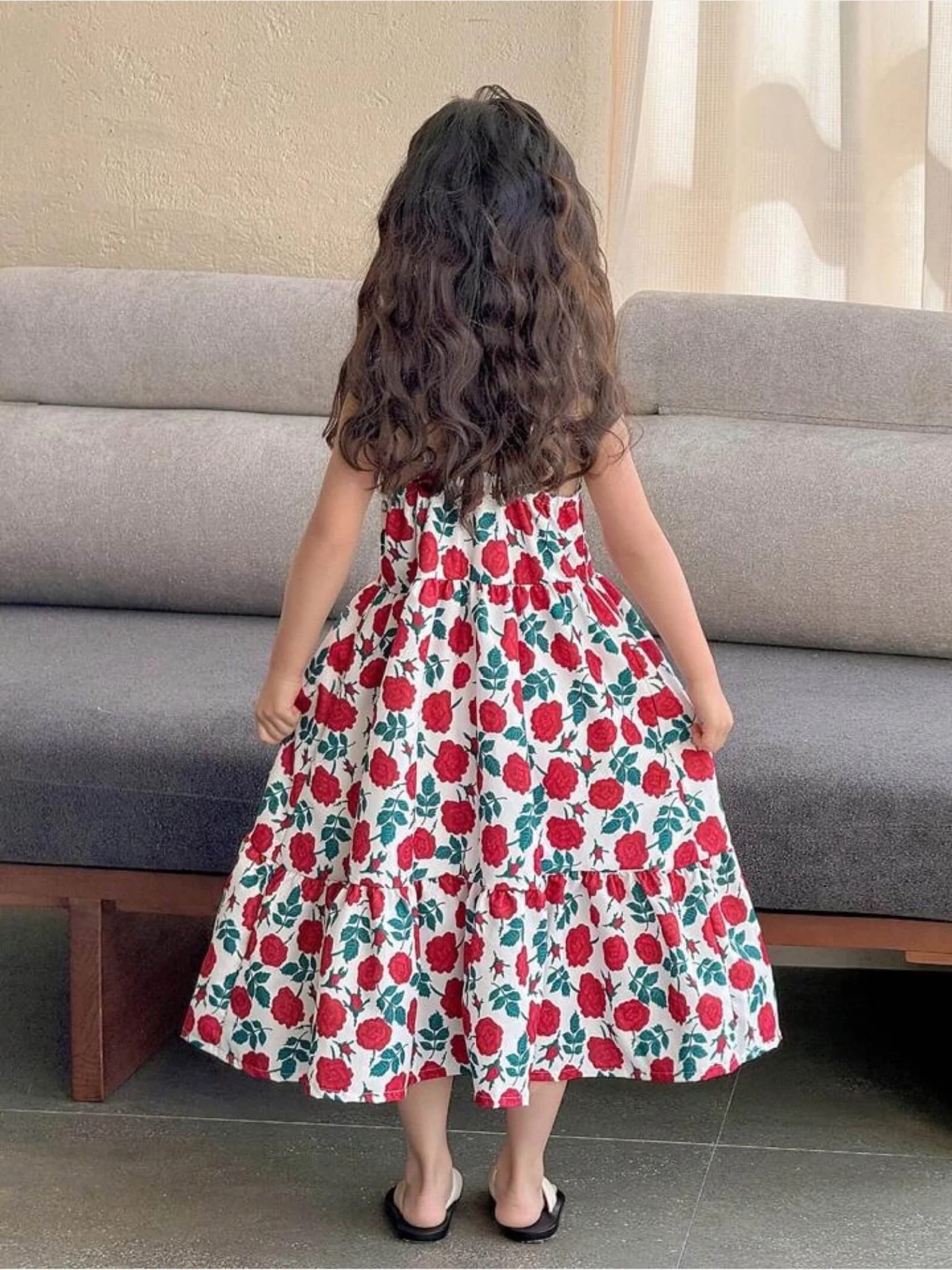 Girls Red Rose Floral Print Tiered Maxi Dress with Adjustable Tie Straps - Image 2