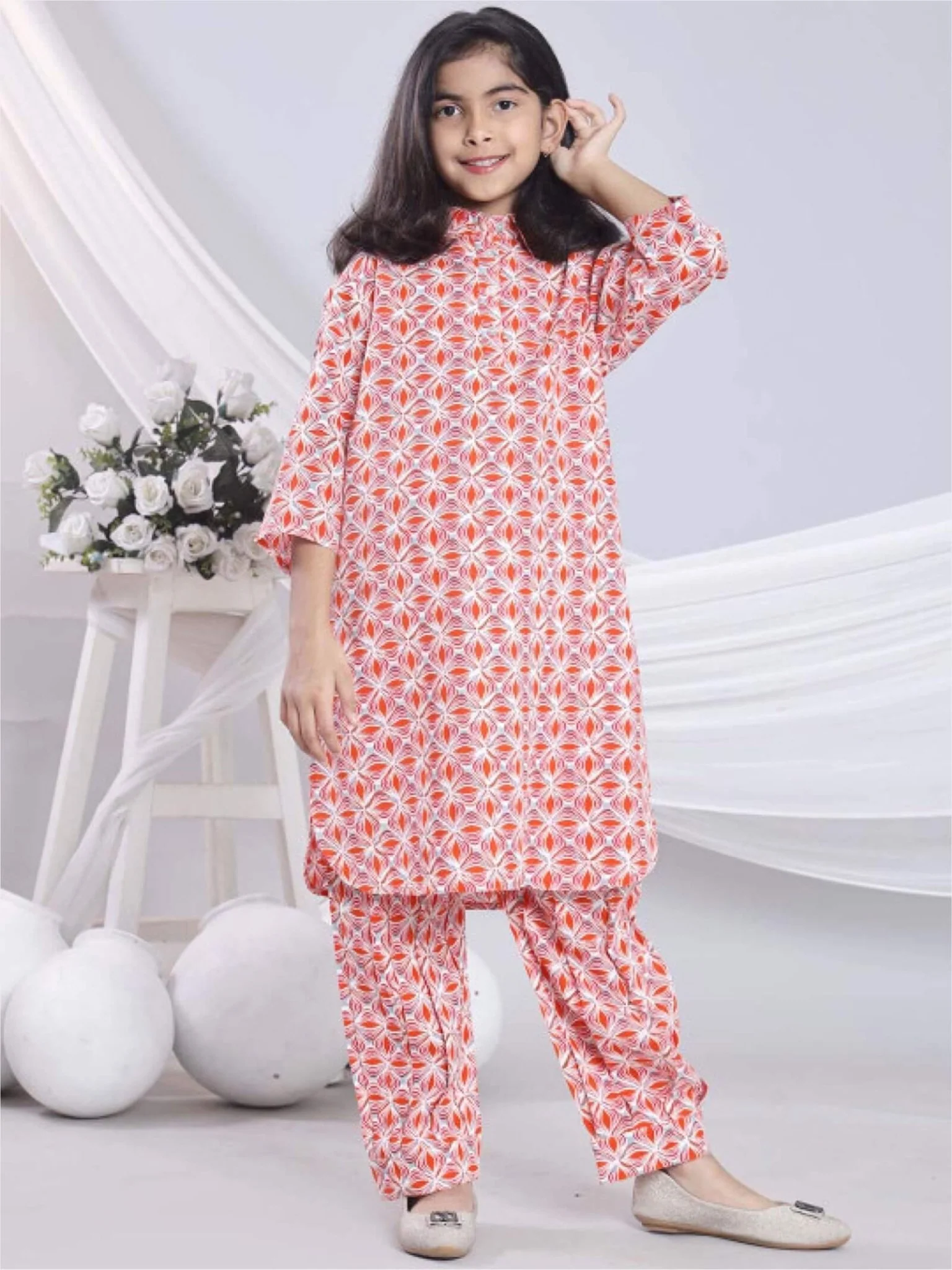 Girls White & Pink Floral Long Sleeve Flared 2 Pies Dress - Rose Petal - Image 2