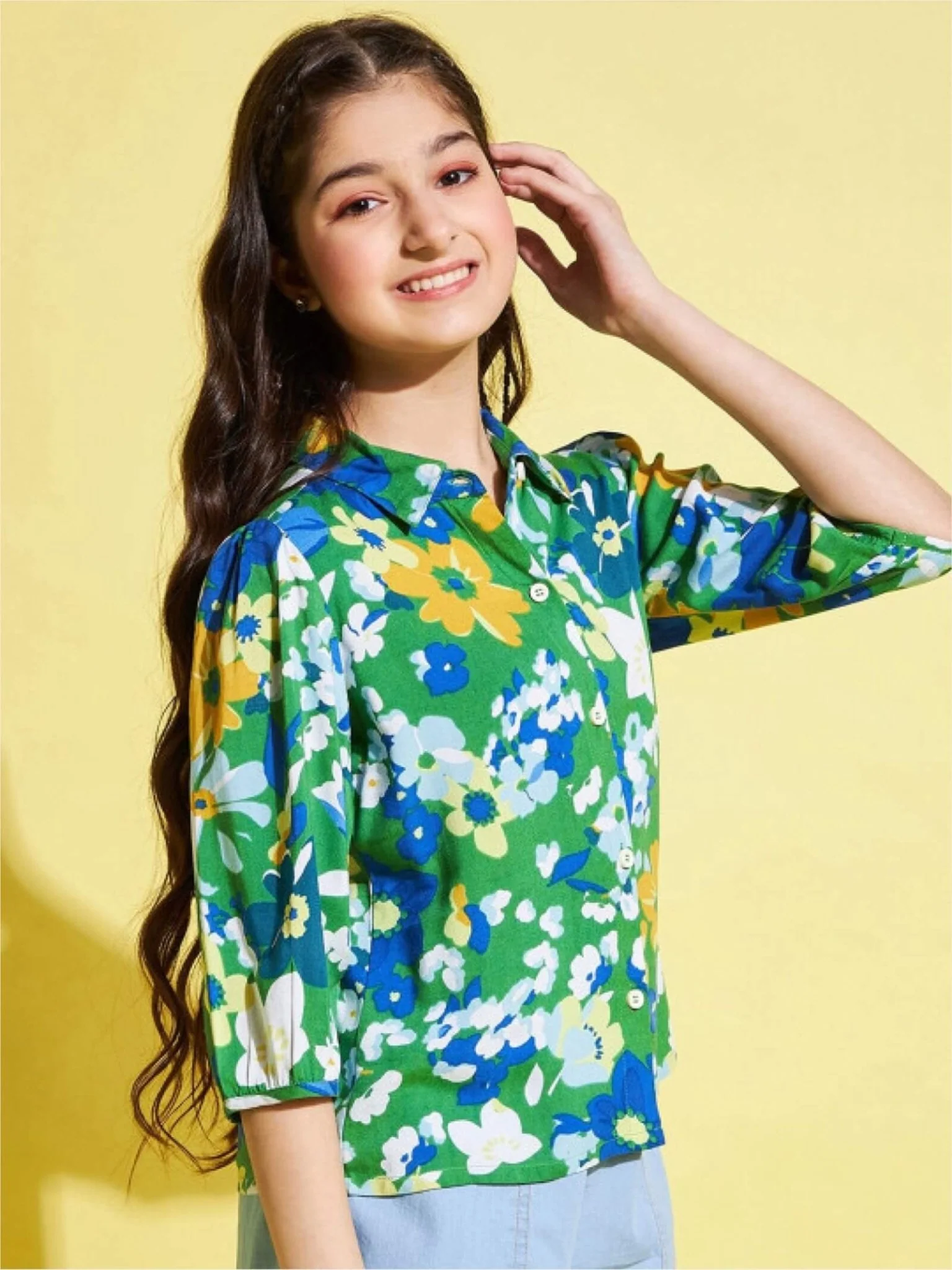Green Floral Print Puff Sleeve Shirt | Vibrant Rayon Casual Top for Girls - Image 2