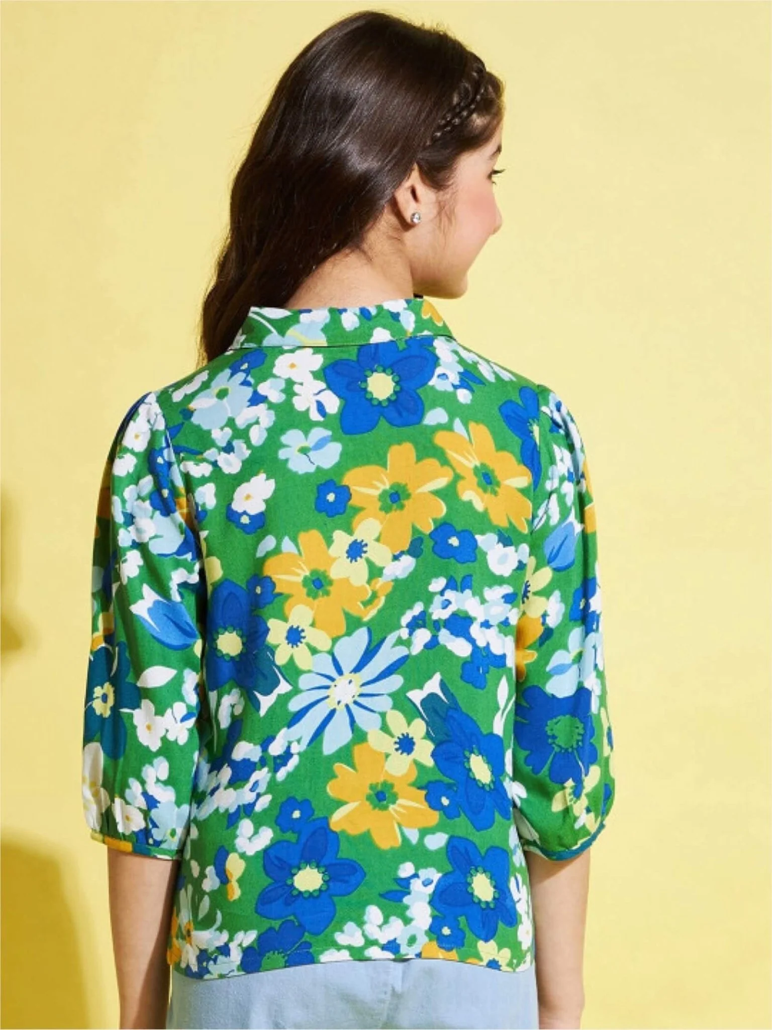 Green Floral Print Puff Sleeve Shirt | Vibrant Rayon Casual Top for Girls - Image 3