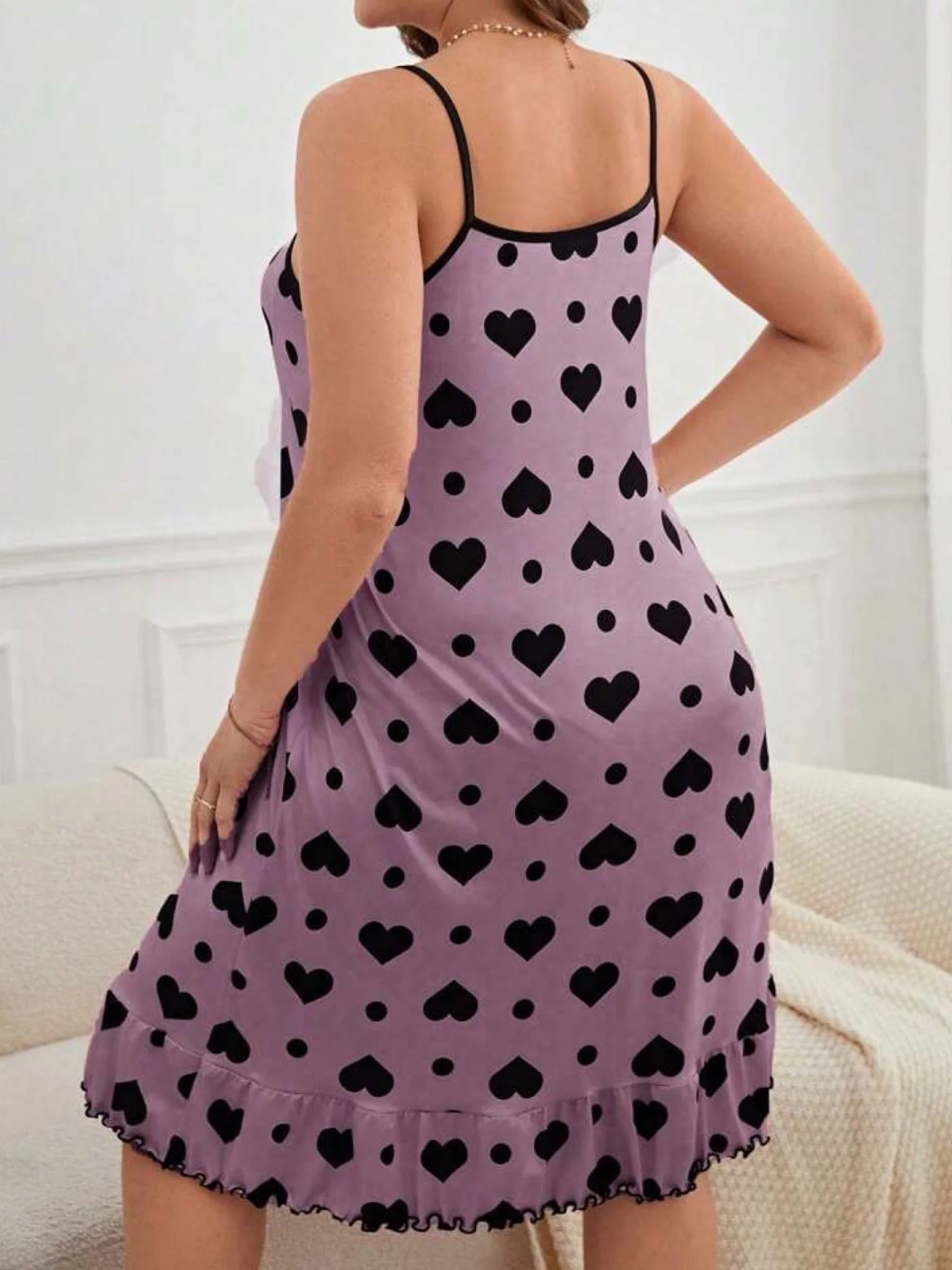 Heart Printed Ruffle Style Night Dress - Image 6