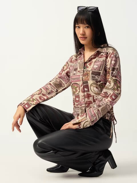 Hello Kitty Strawberry Milk Graphic Print Shirt with Side Ties ๐