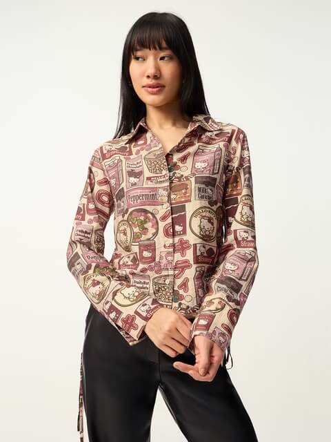 Hello Kitty Strawberry Milk Graphic Print Shirt with Side Ties ๐ - Image 2