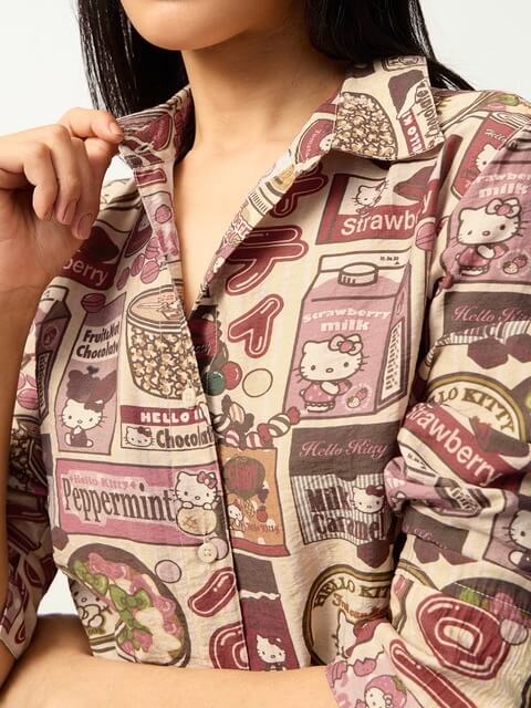 Hello Kitty Strawberry Milk Graphic Print Shirt with Side Ties ๐ - Image 4