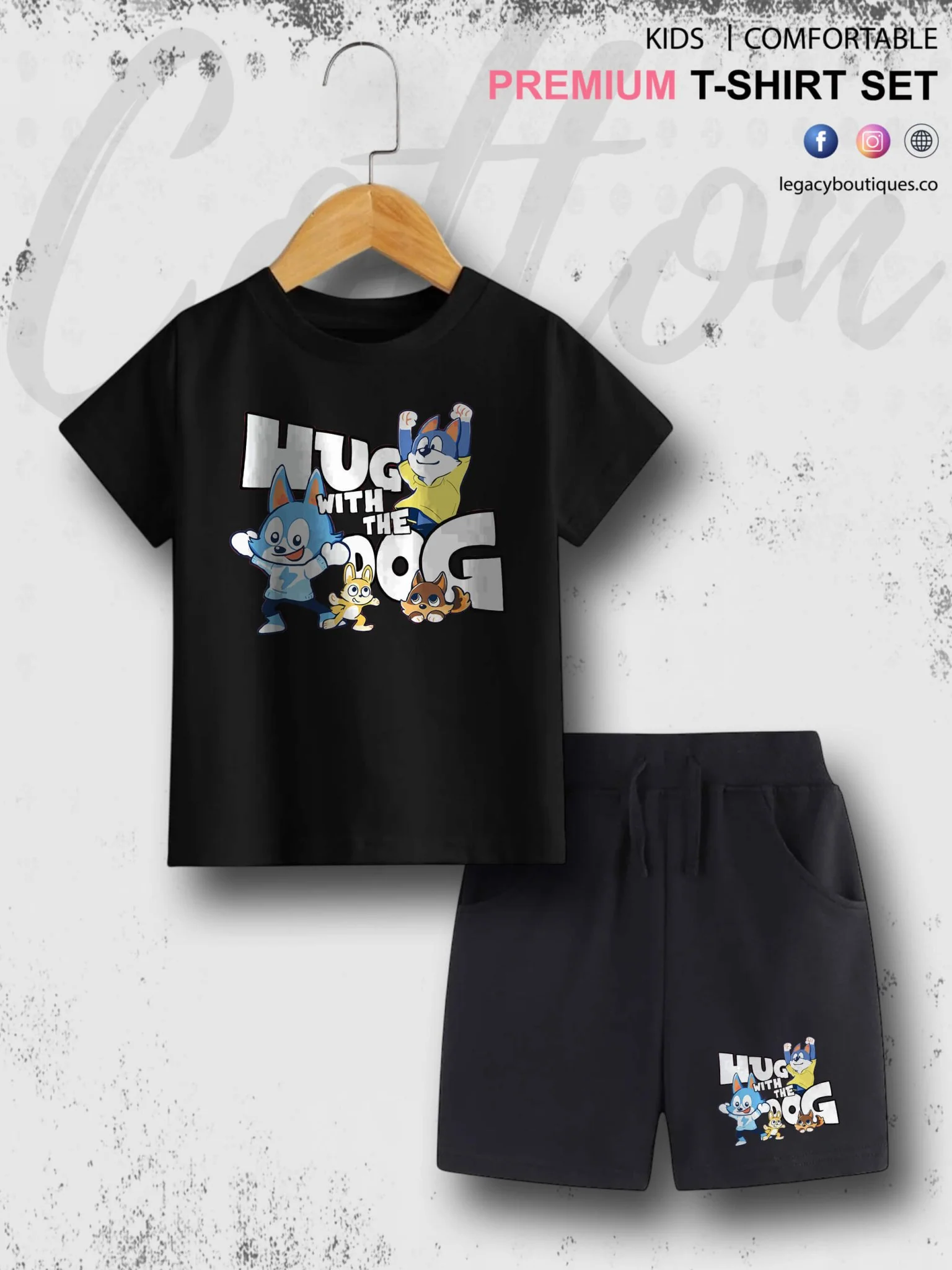 Hug With The Dog Cartoon Printed 6 Month To 6 Year Summer Time Baby & Kids Super Comfy T-shirt Set