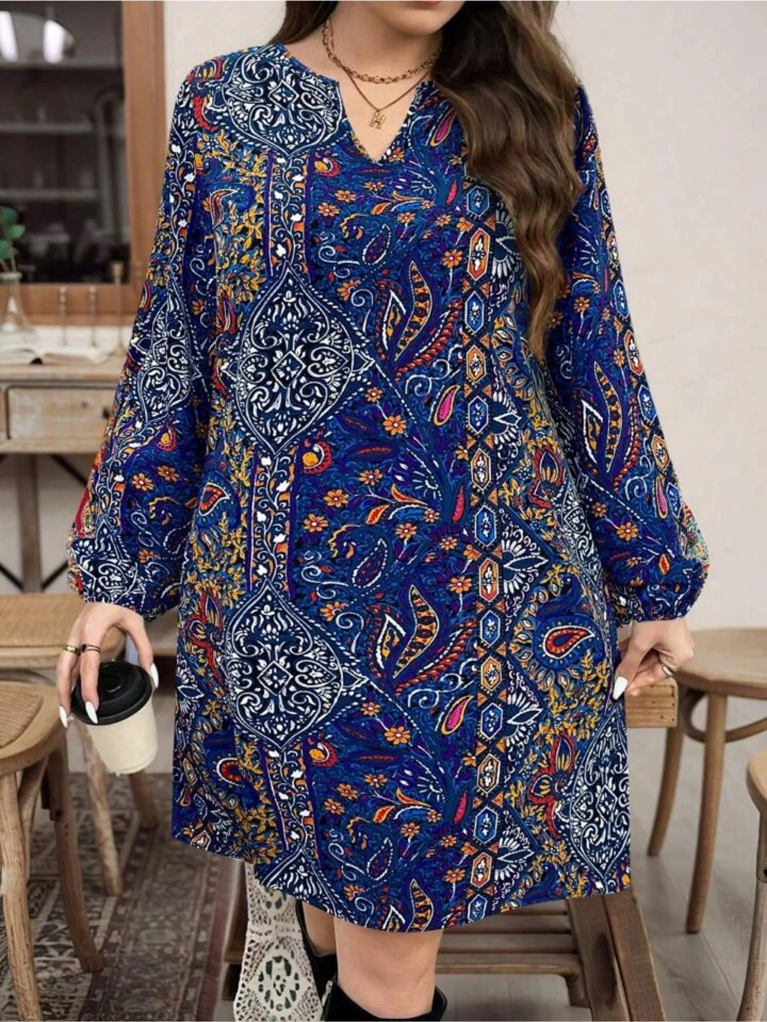 Indigo Bohemian Paisley Print Shift Dress - Long Sleeve Notched V-Neck Tunic