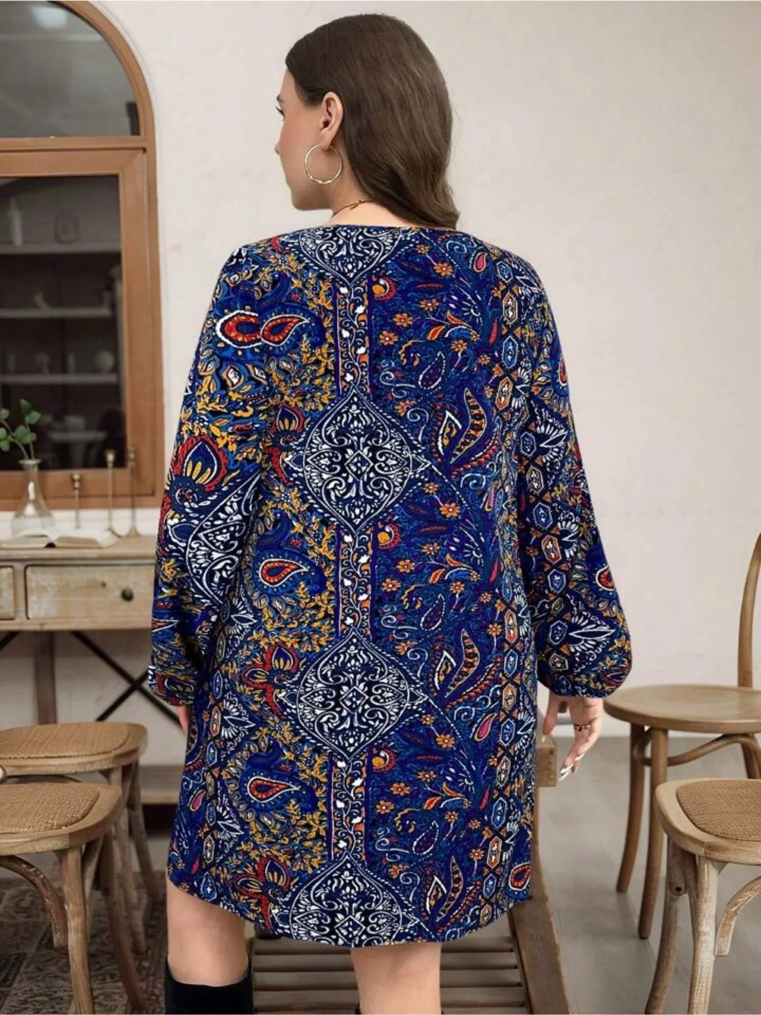 Indigo Bohemian Paisley Print Shift Dress - Long Sleeve Notched V-Neck Tunic - Image 2
