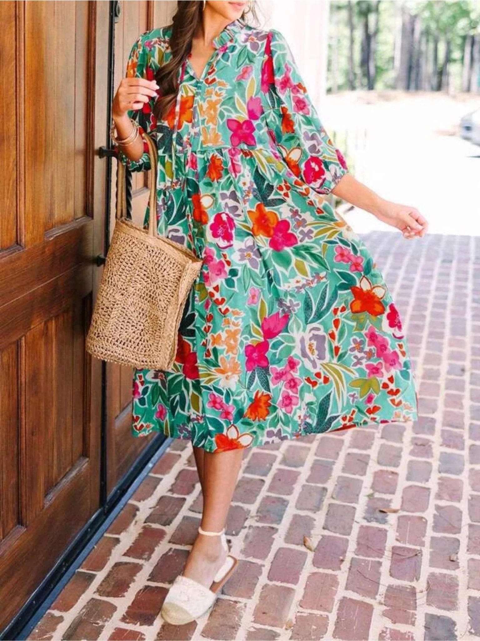 Island Bloom Teal Tropical V-Neck Midi Dress - Boho Tiered Sun Dress
