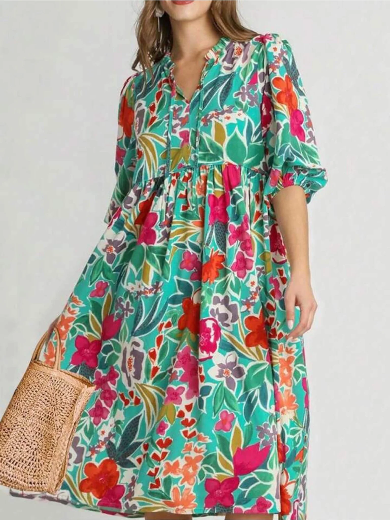 Island Bloom Teal Tropical V-Neck Midi Dress - Boho Tiered Sun Dress - Image 2