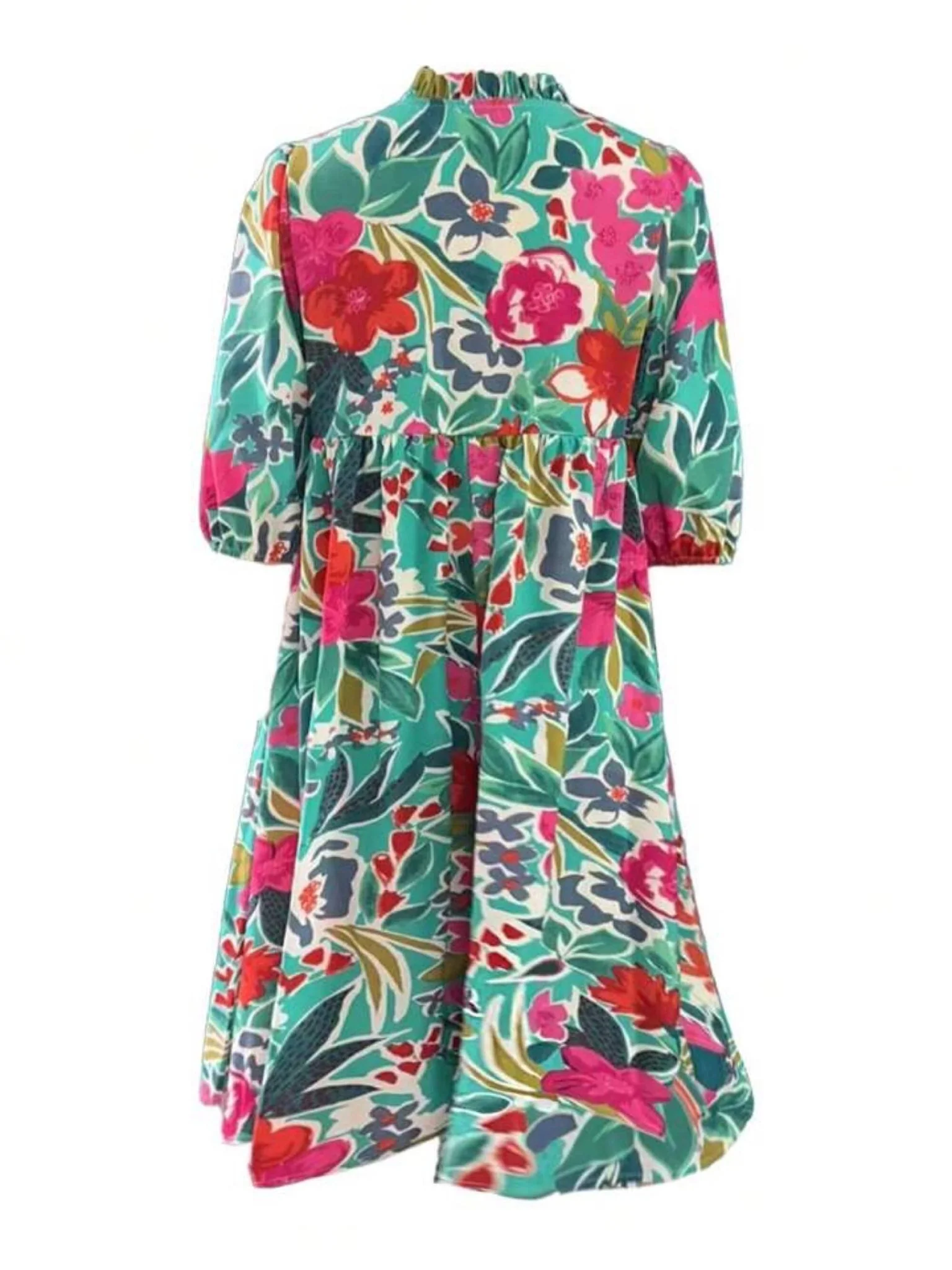 Island Bloom Teal Tropical V-Neck Midi Dress - Boho Tiered Sun Dress - Image 3