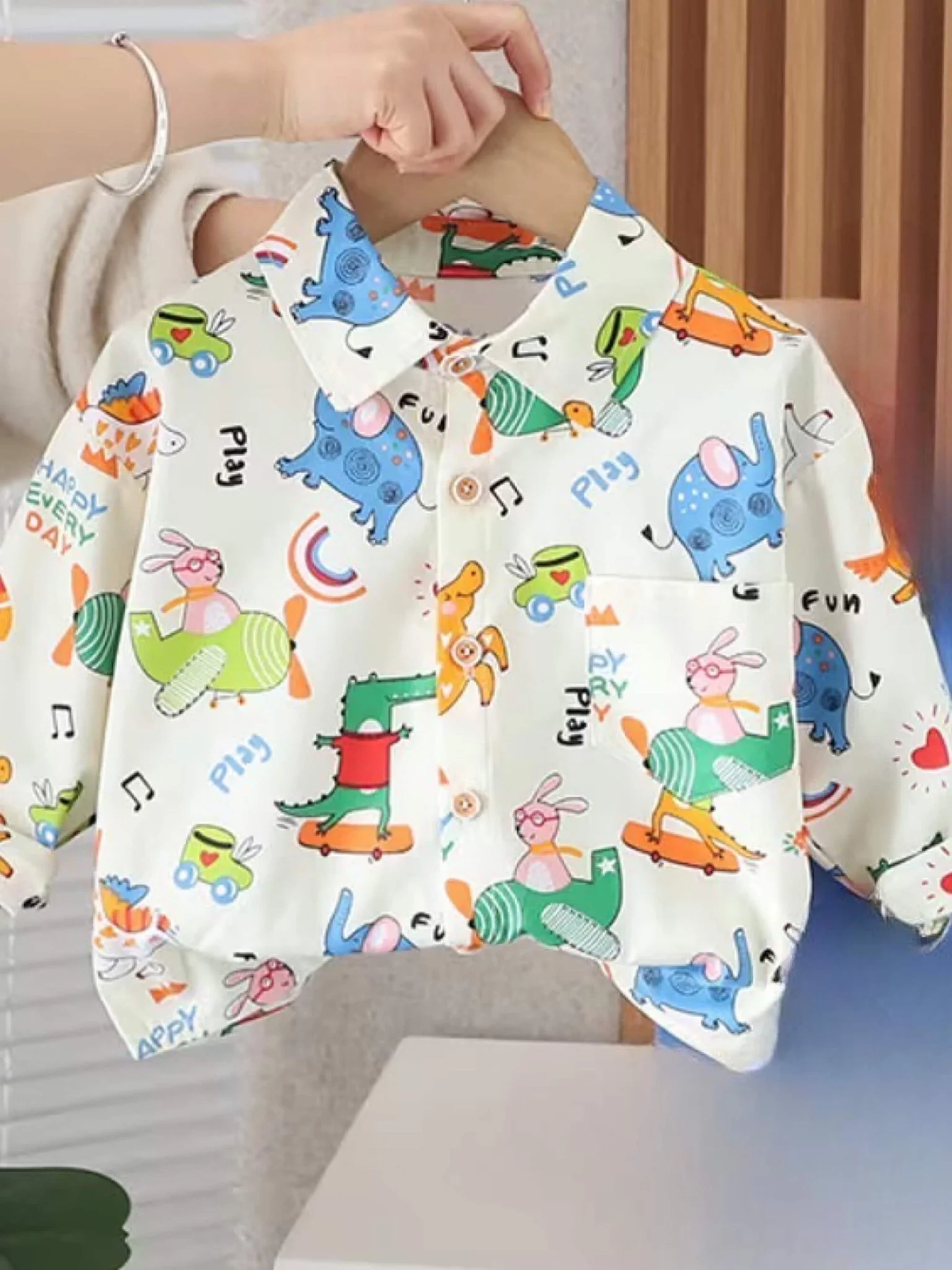 Kids Animal Adventure Wheels Shirt - Whimsical Playtime Long Sleeve Button-Up