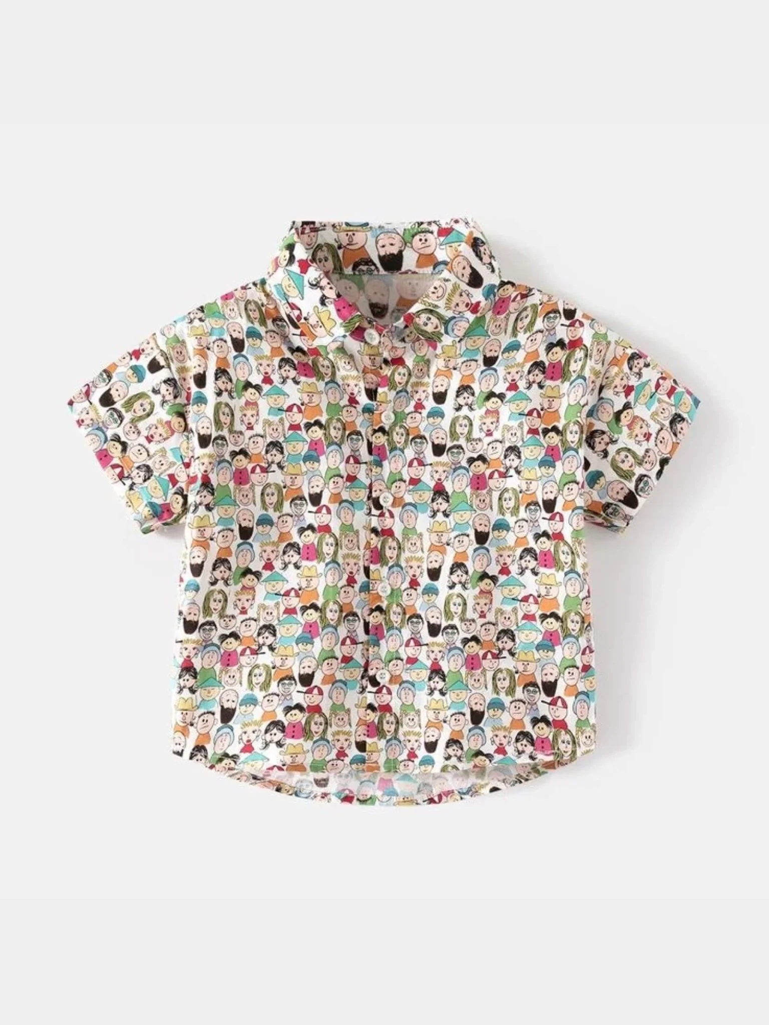 Kids Artistic Cartoon Face Print Short Sleeve Button-Down - "Happy Faces"