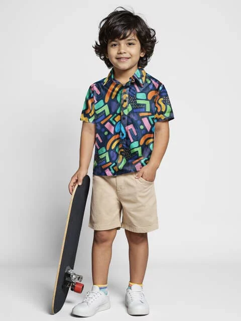 Kids Electric Abstract Patterned Short Sleeve Casual Button-Down Shirt
