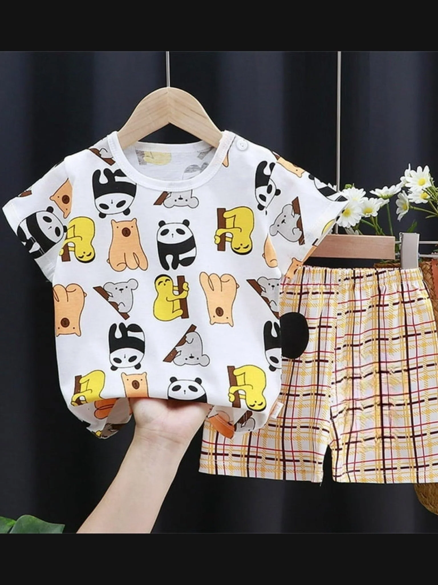 Kids Lazy Panda & Sloth Cotton T-Shirt and Plaid Shorts 2-Piece Summer Set