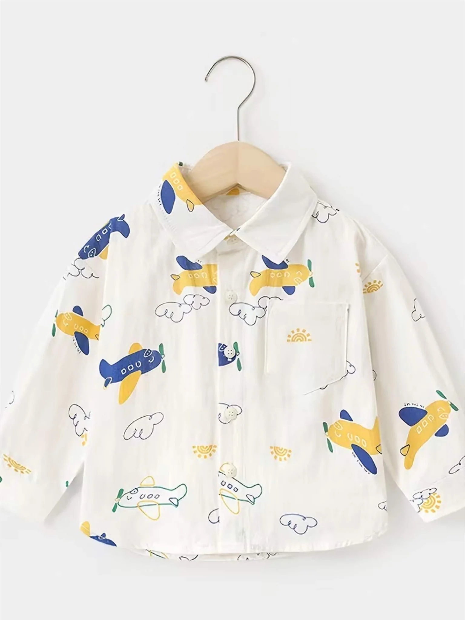 Kids Long Sleeve Airplane Doodle Shirt - Off-White Cotton Button-Up