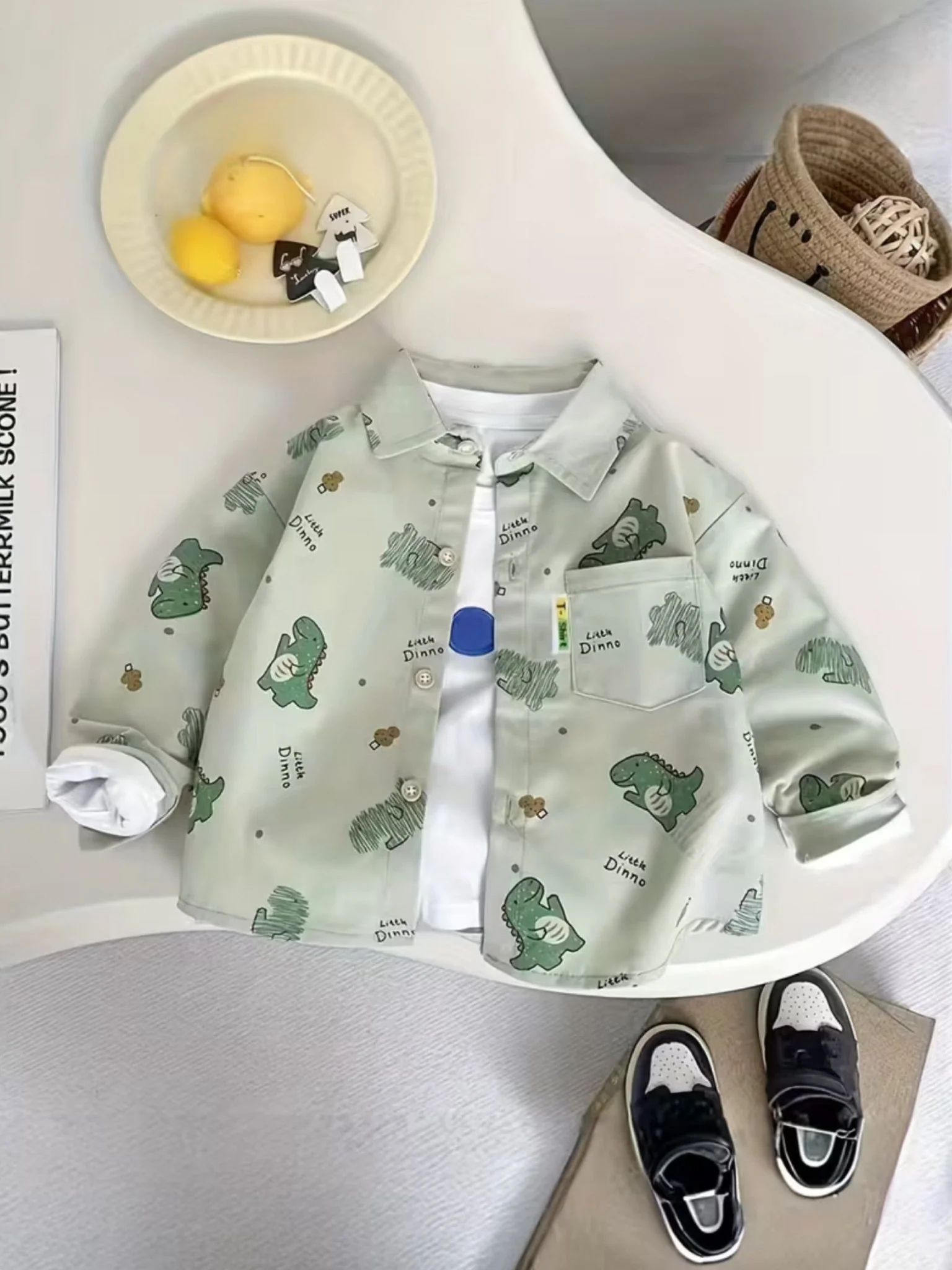 Kids' Mint Green Dinosaur Long Sleeve Pocket Shirt - Image 3