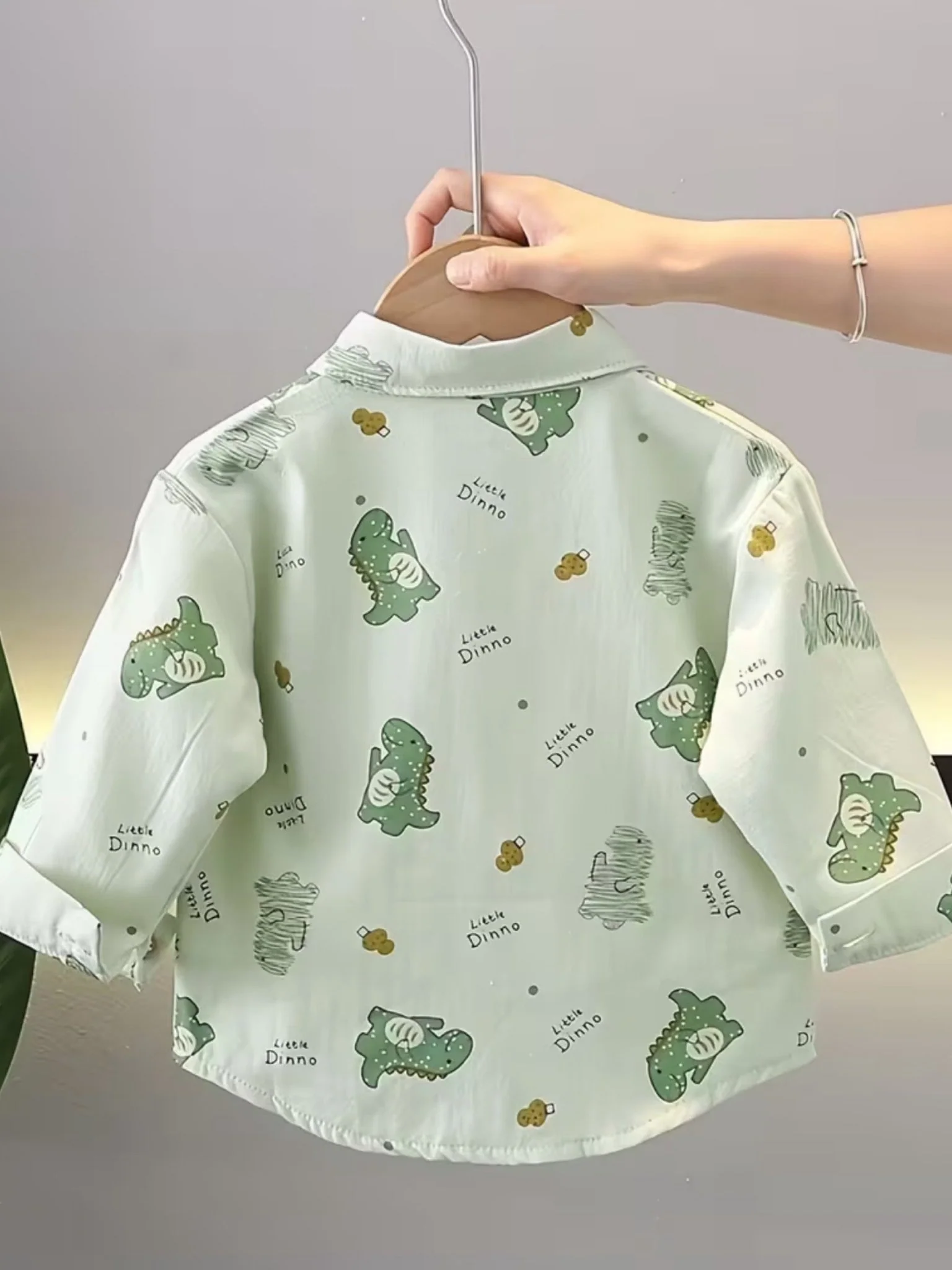 Kids' Mint Green Dinosaur Long Sleeve Pocket Shirt - Image 4