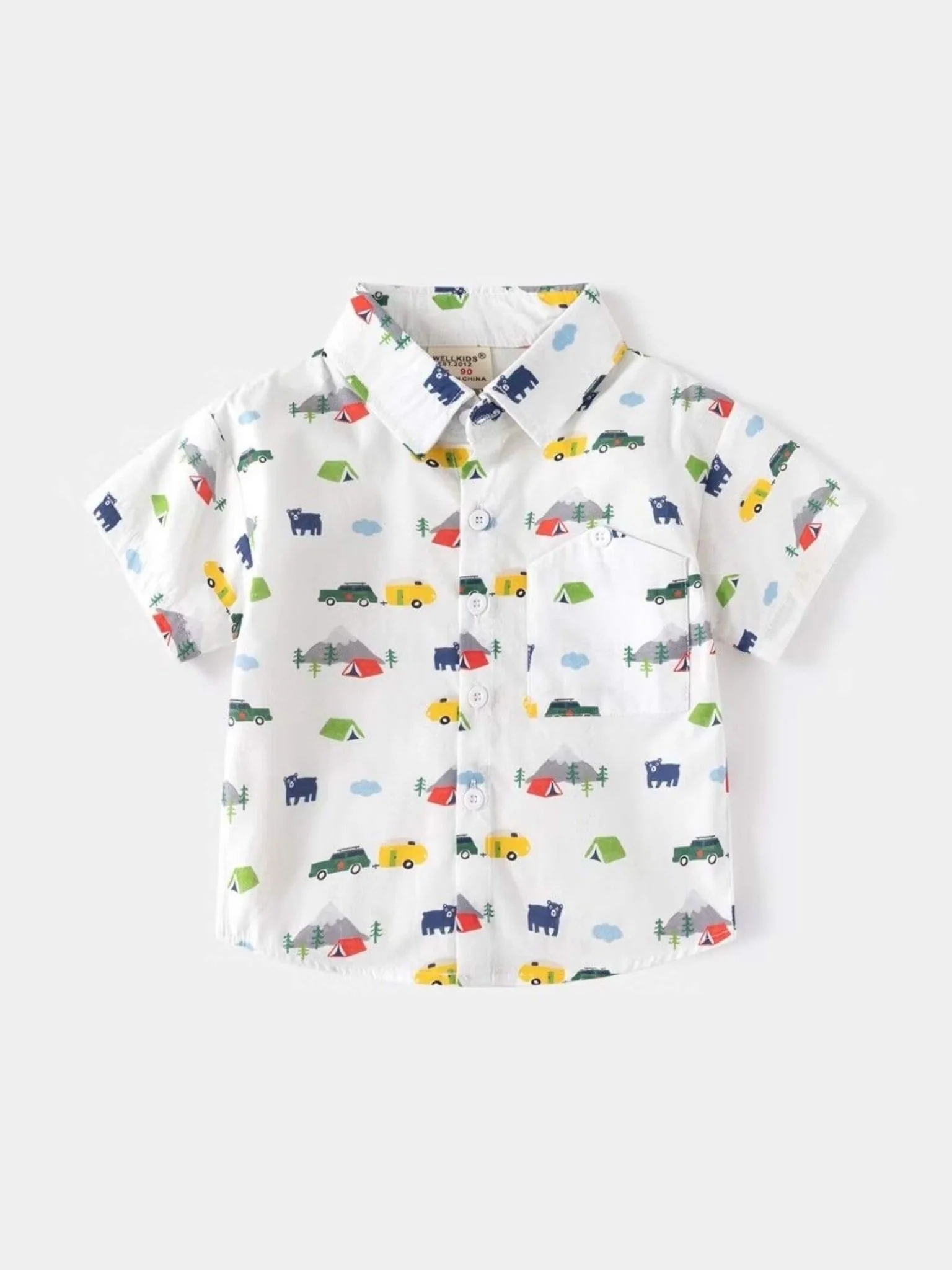 Kids Modern Cabin & Bear Print Short Sleeve Shirt - White Graphic Button-Up