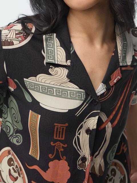 Kung Fu Panda Noodle Print Cuban Collar Shirt - Black Graphic Button-Down - Image 2