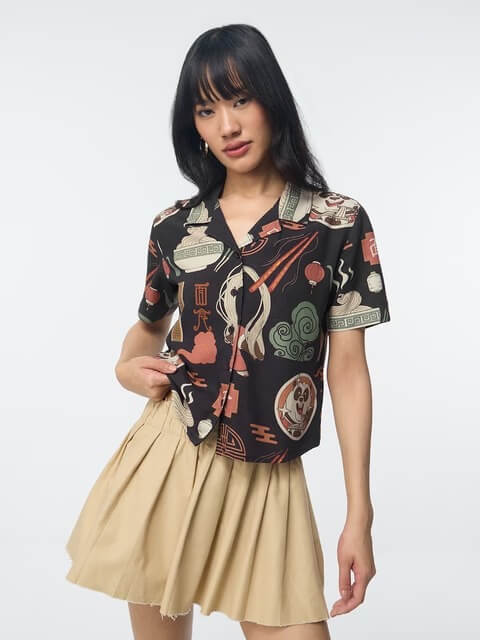 Kung Fu Panda Noodle Print Cuban Collar Shirt - Black Graphic Button-Down - Image 3