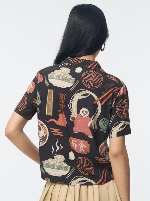 Kung Fu Panda Noodle Print Cuban Collar Shirt - Black Graphic Button-Down - Image 4