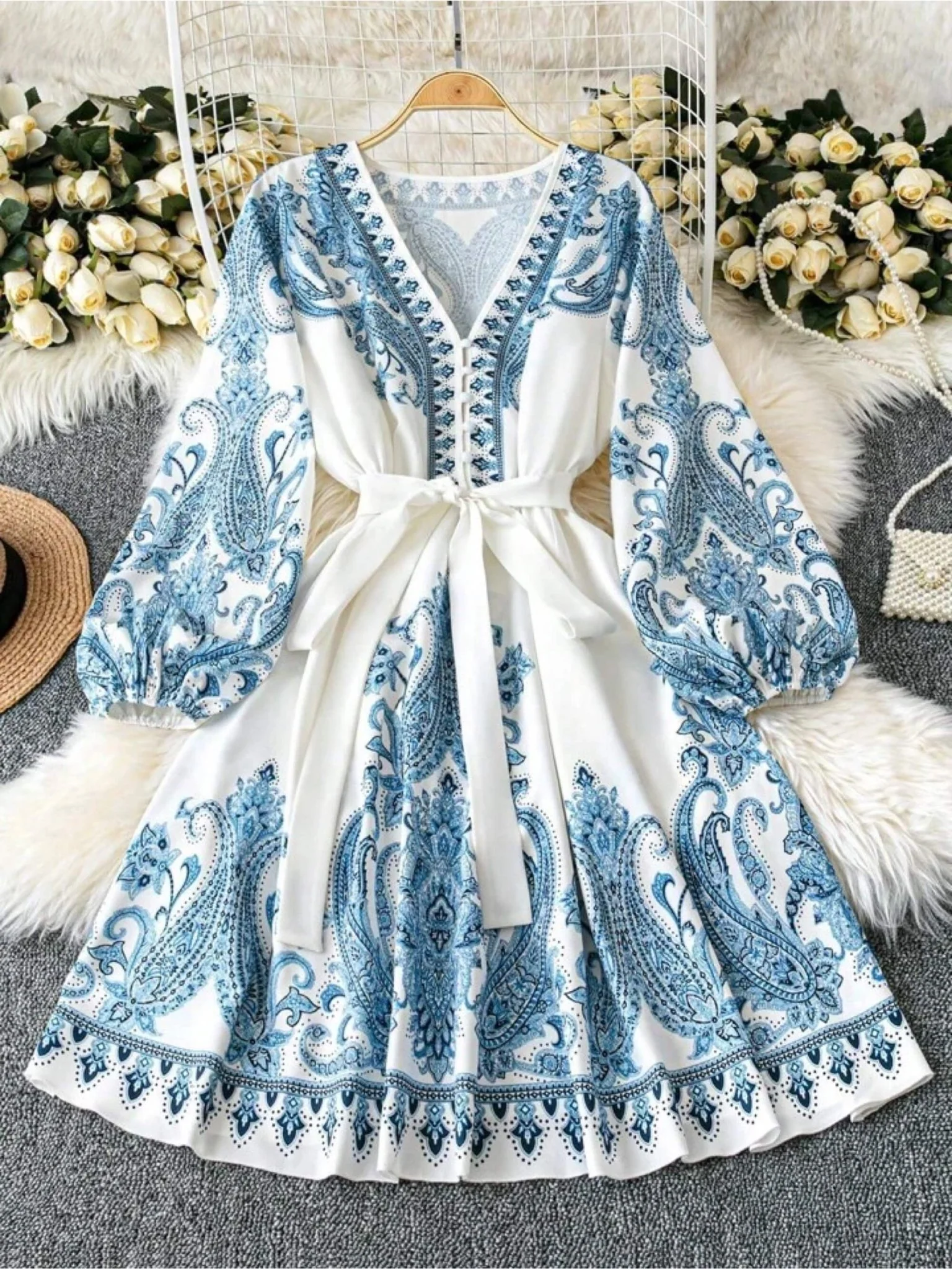 Ladies Blue Paisley Bishop Sleeve Bohemian Kurtis