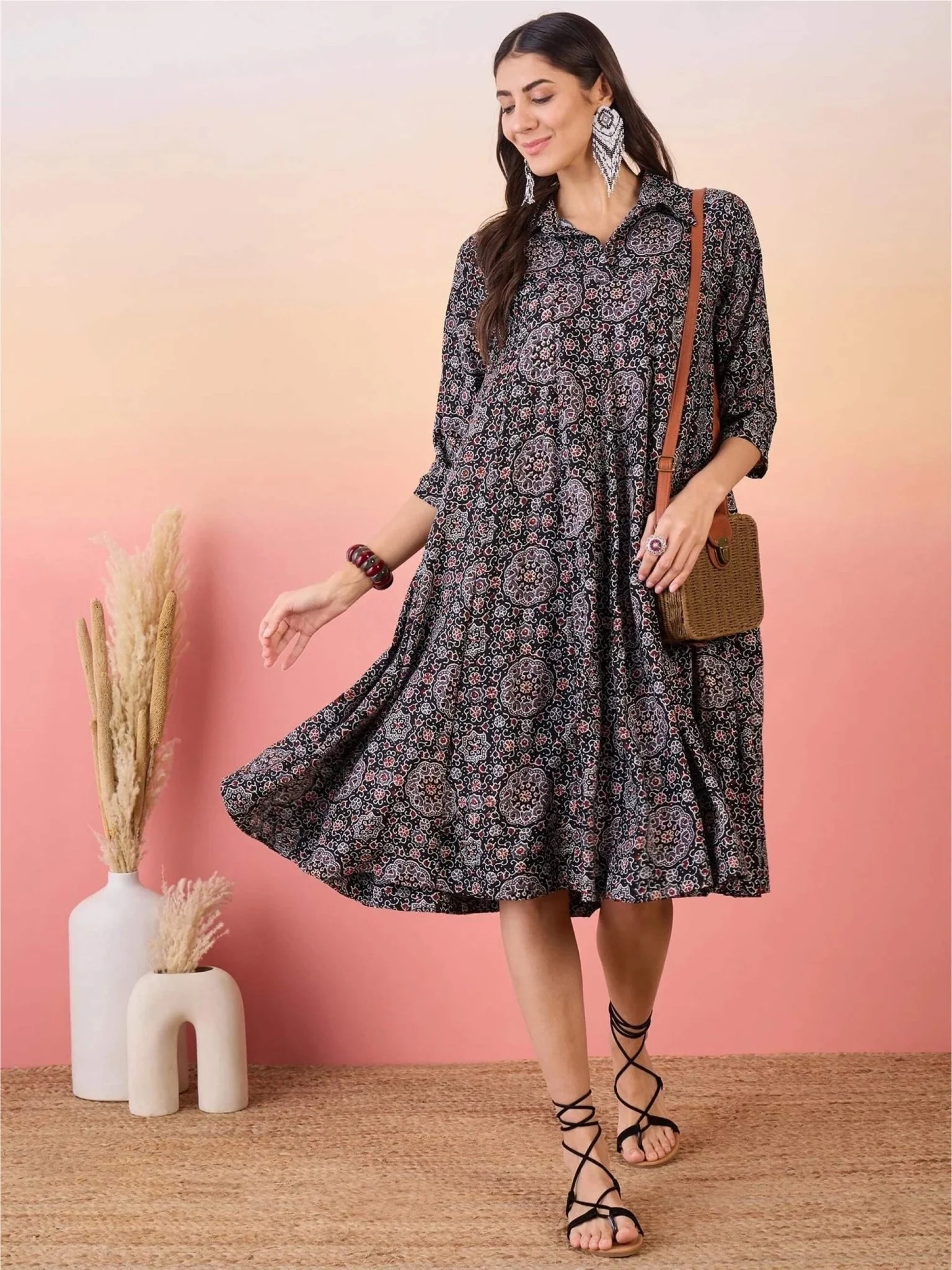 Ladies Floral Pinted Flared Shirt Dress - Image 3