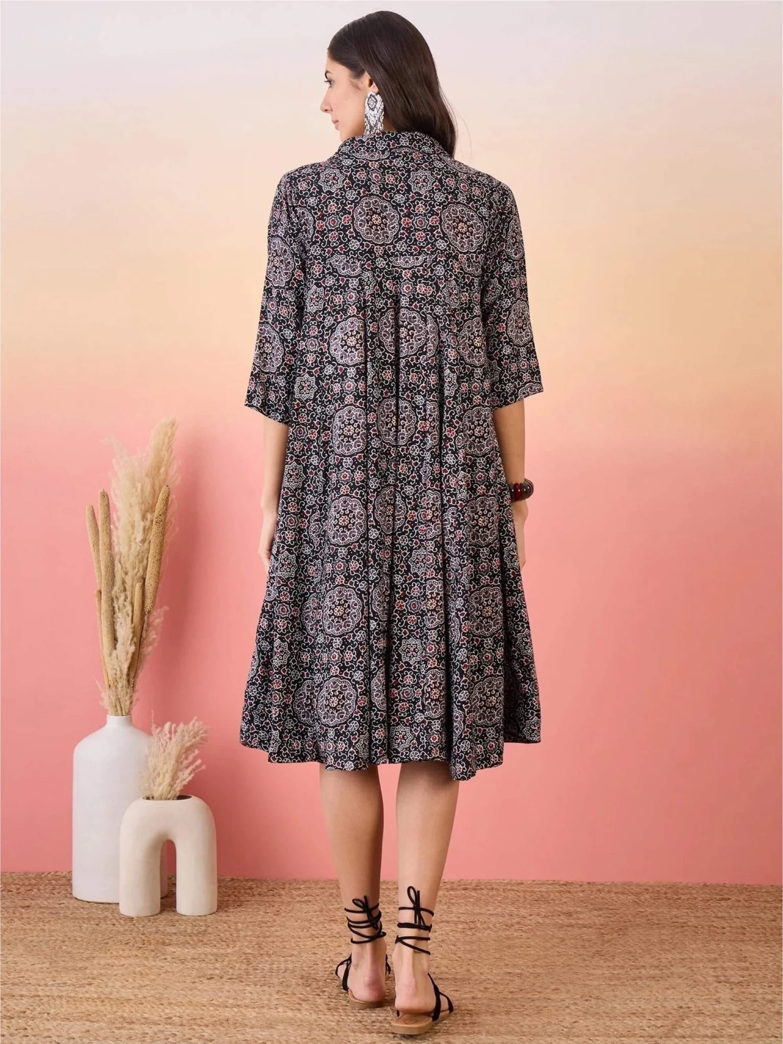 Ladies Floral Pinted Flared Shirt Dress - Image 4
