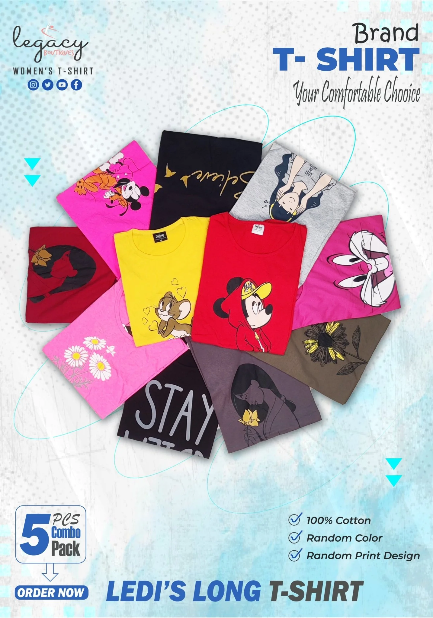 Ladies Long T-Shirt 5 Pis Combo, Cool Tees for Everyday Style – Stock Clearence Sale