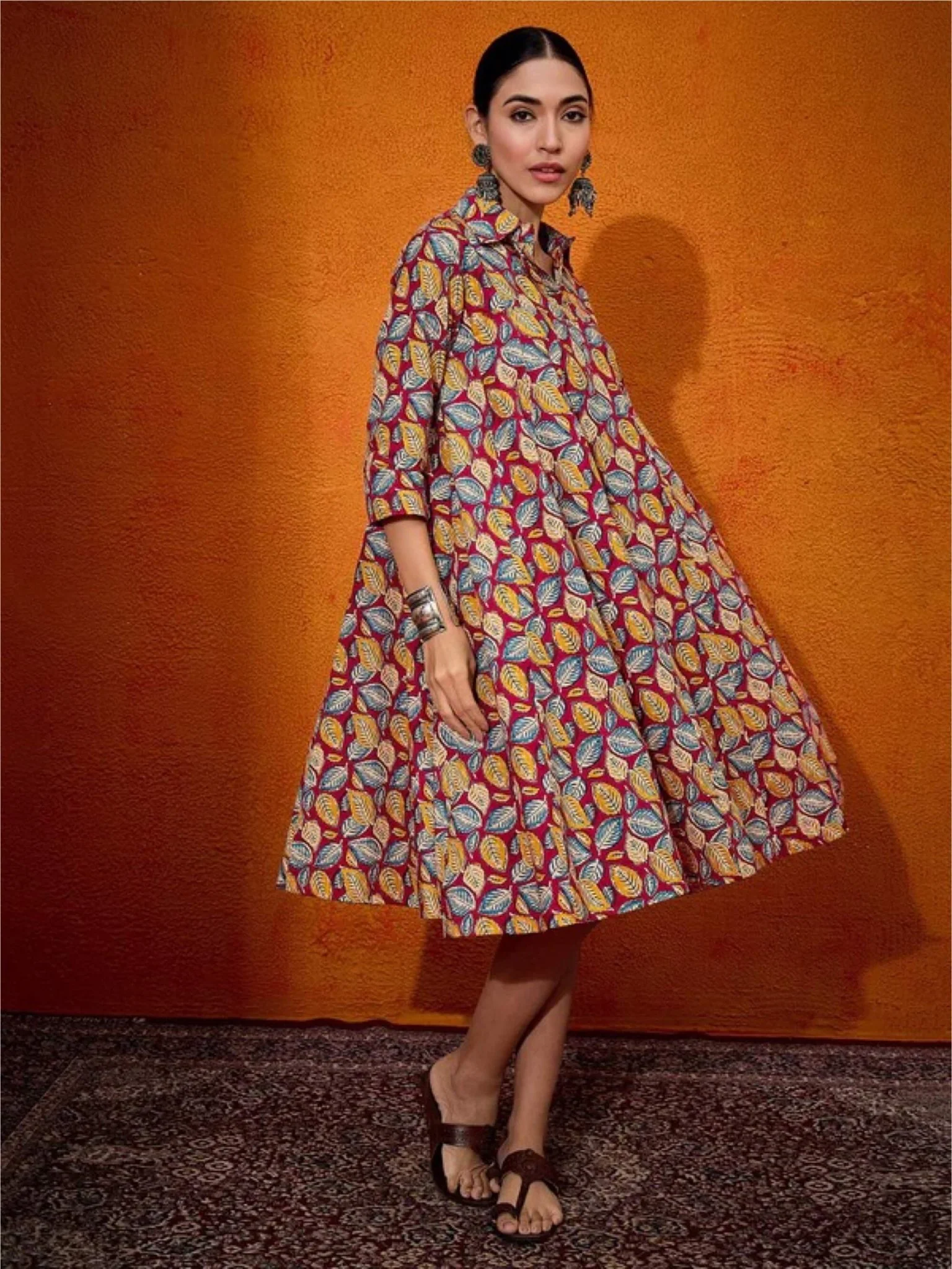 Leaf Pinted Flared Shirt Dress - Image 3