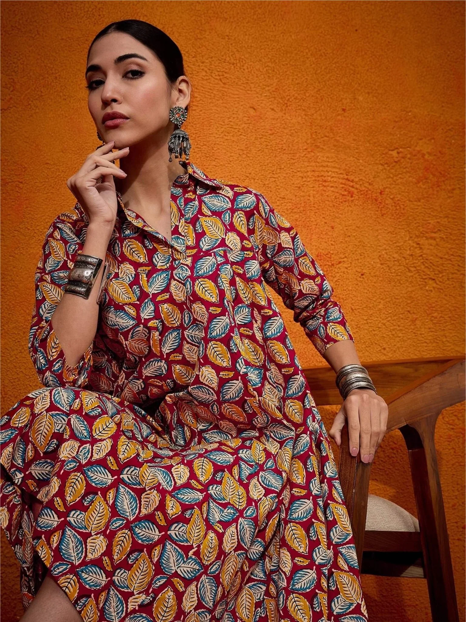 Leaf Pinted Flared Shirt Dress - Image 4